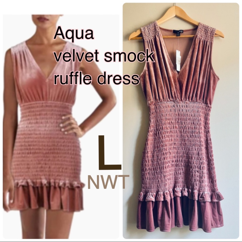 NWT L velvet dusty pink rose blush smock ruffle V scrunch body bandage fit mini